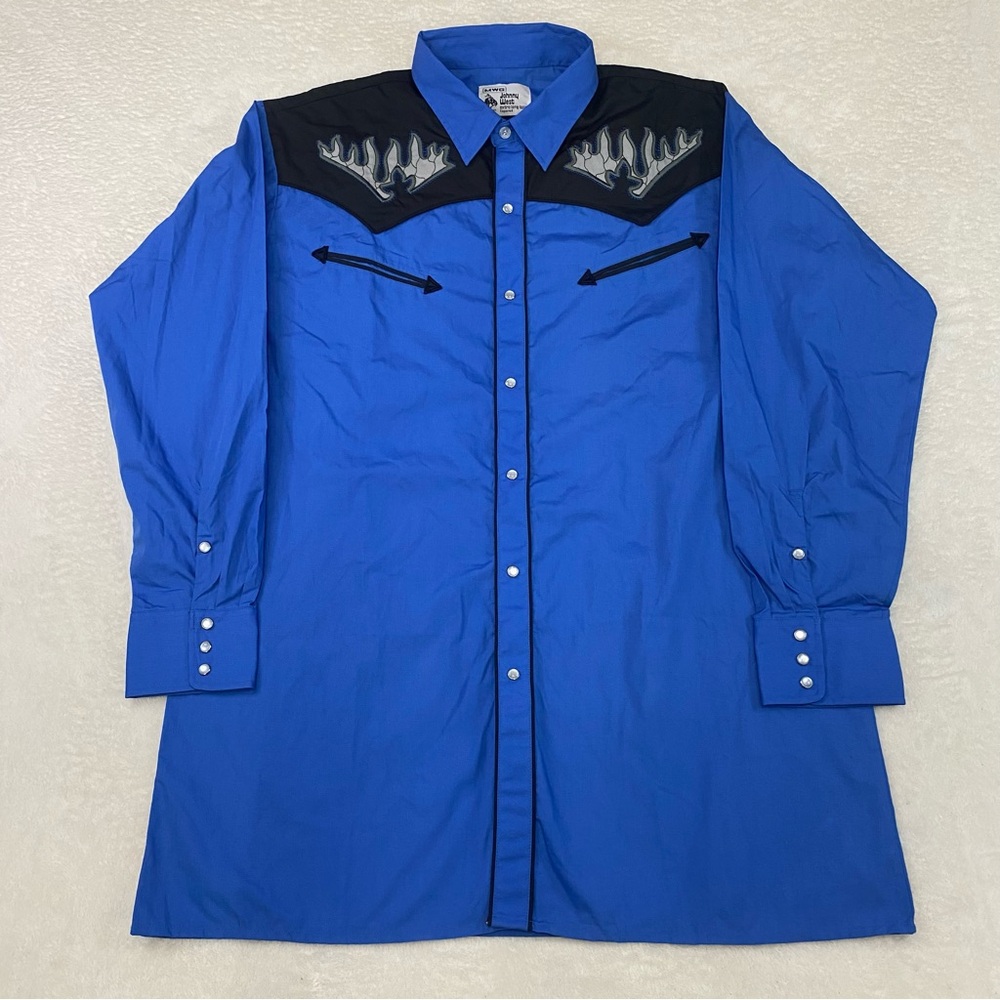 Vintage MWG Johnny West Western Men Shirts Blue Black Size Large LS Pearl Snap
